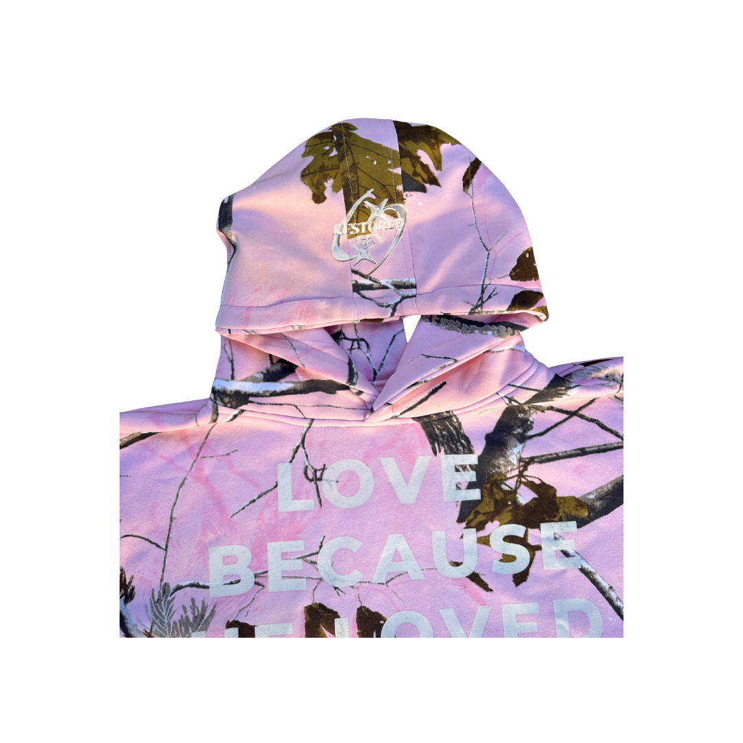 "LOVED FIRST" PINK CAMO HOODIE
